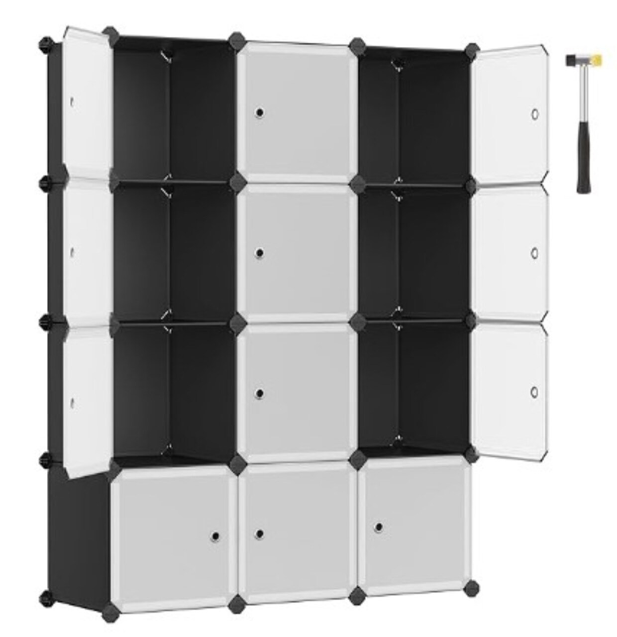 Cube Storage with Door, Black and White, Set of 12 Plastic Cubes, Closet Storage Shelves, DIY Plastic Closet Cabinet, Modular Bookcase, Shelving with Doors for Bedroom, Living Room